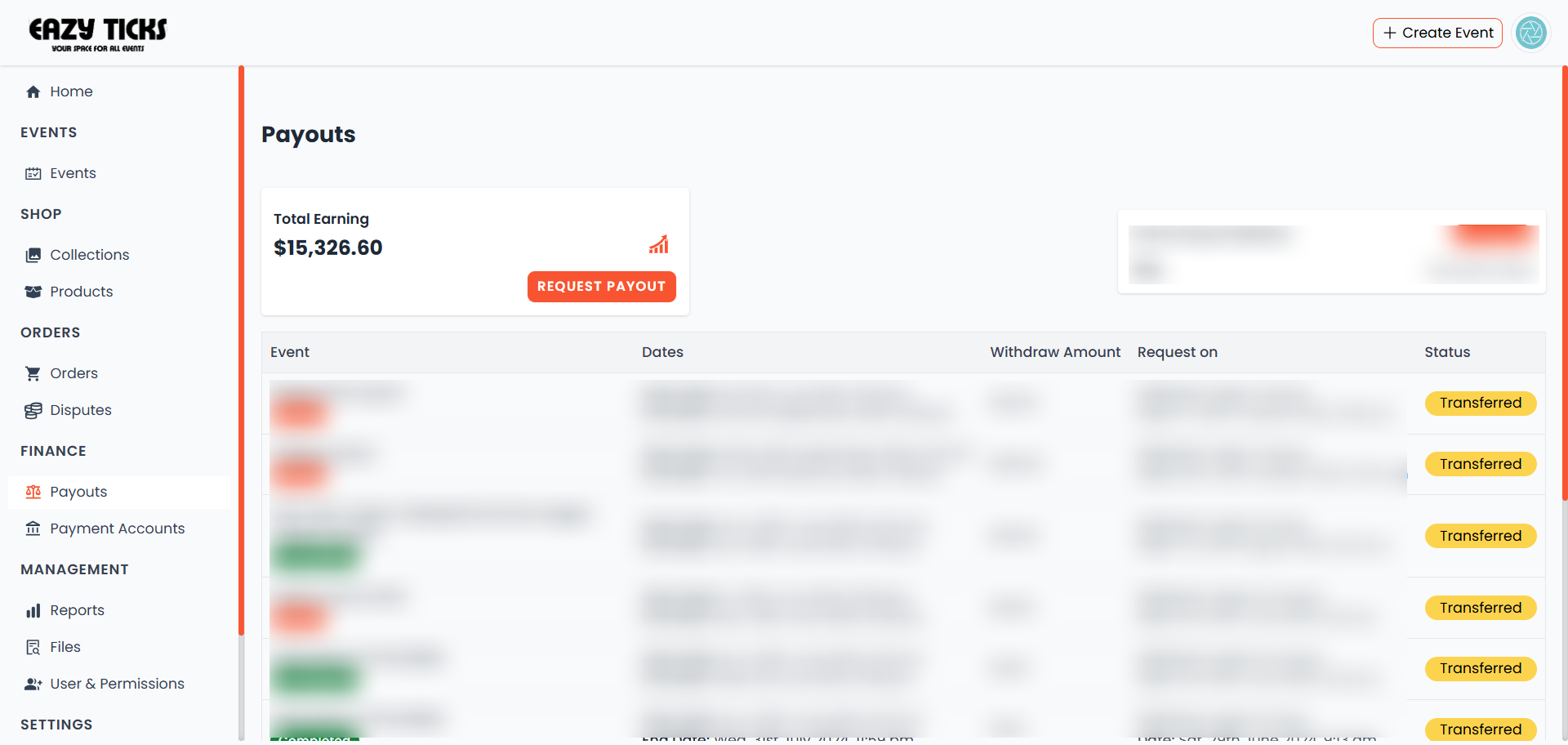Dashboard payouts section
