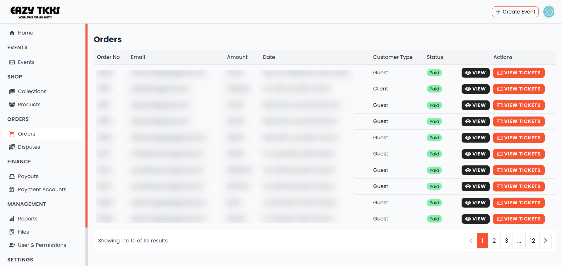 Dashboard orders list