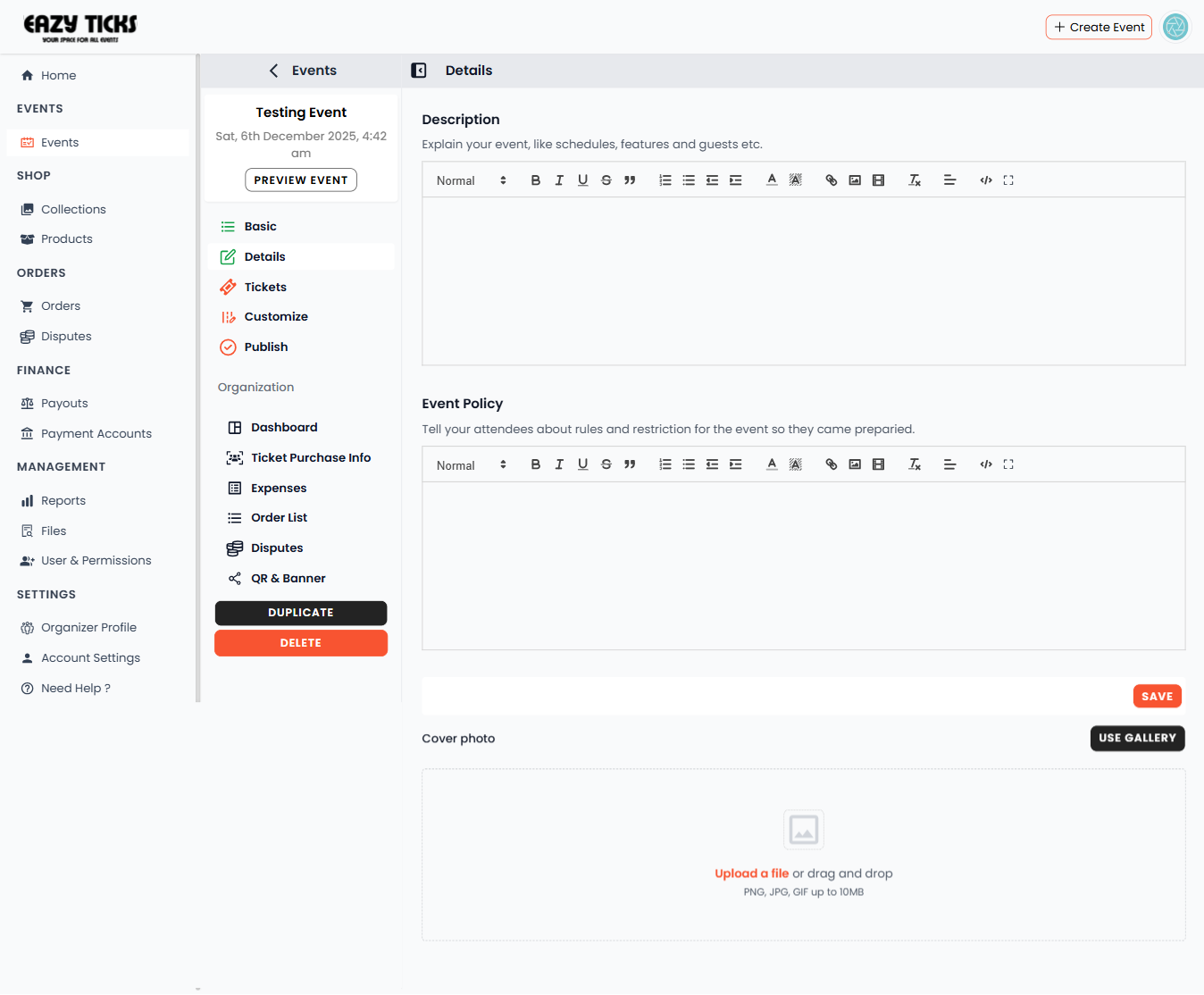 Basic event details form