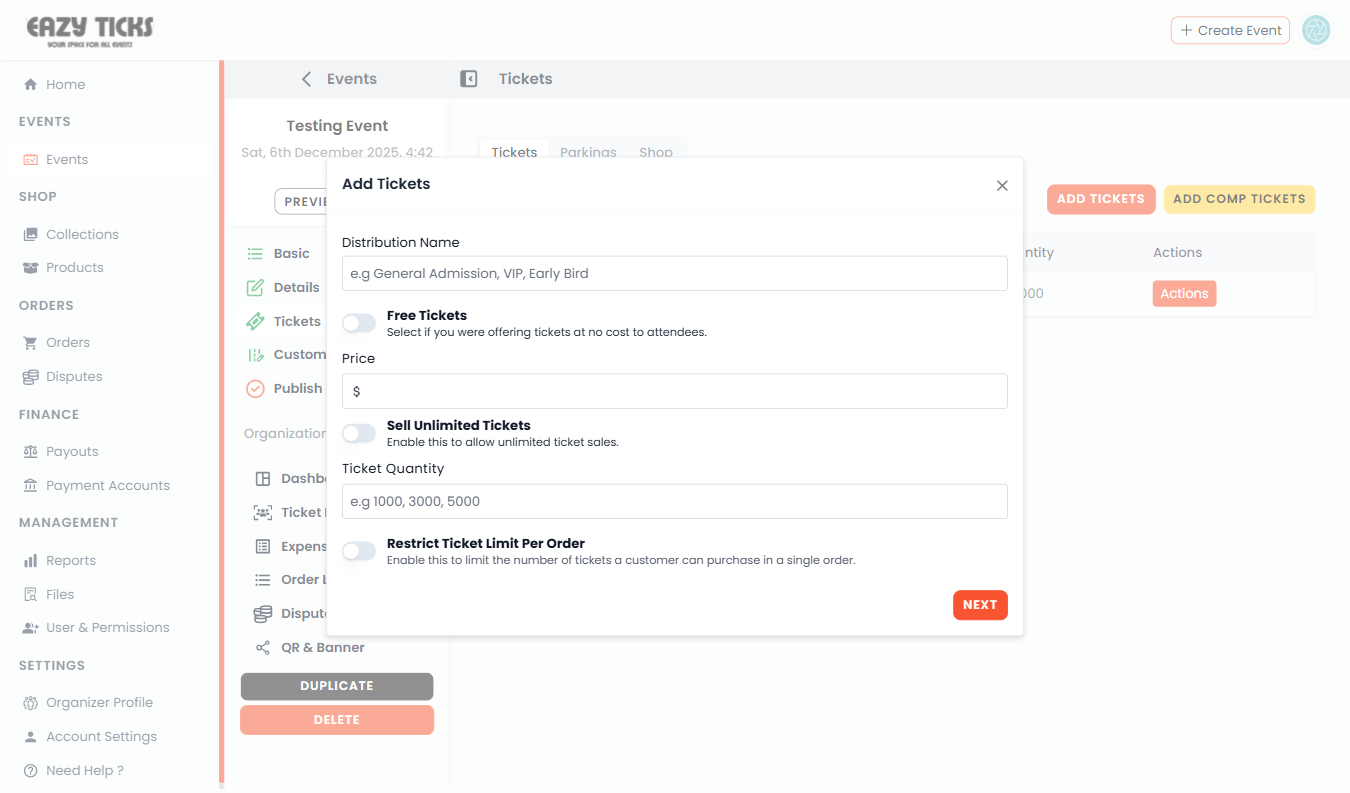 Ticket configuration panel